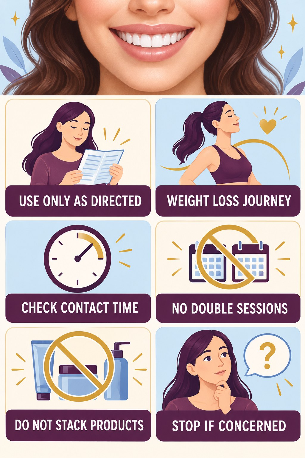 Whitening Product Directions Matter infographic for Weight Loss Journey with four concise whitening-sensitivity safety points.