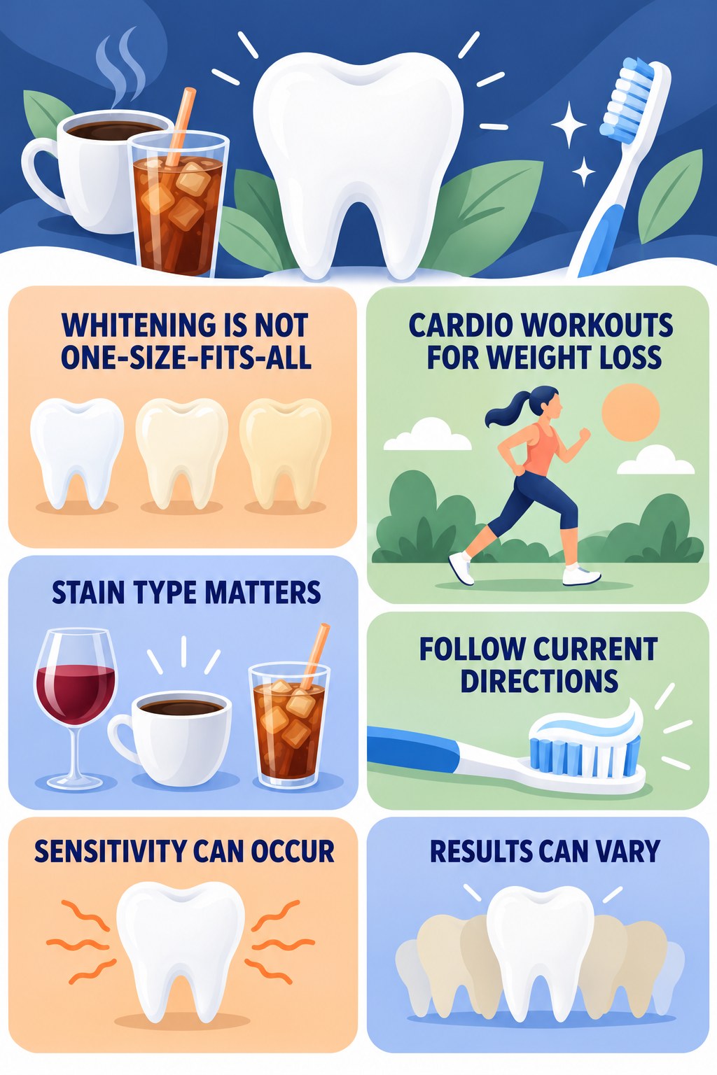 Whitening Product Expectation Check infographic for Cardio Workouts for Weight Loss with four concise tooth-discoloration safety points.