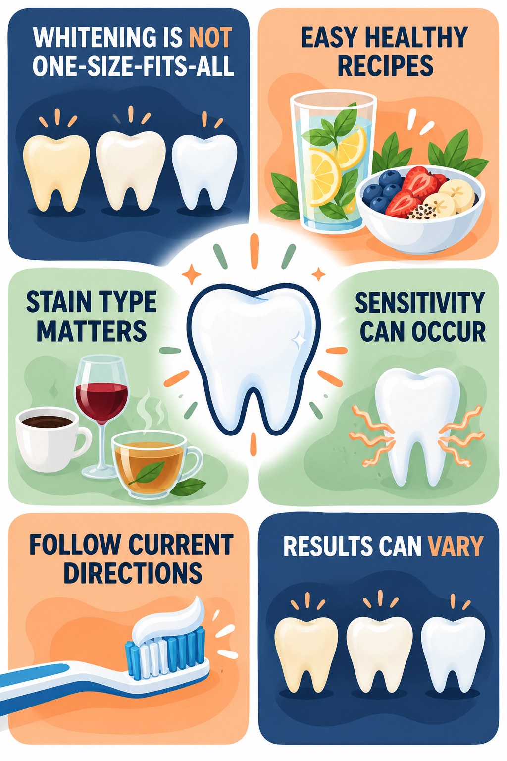 Whitening Product Expectation Check infographic for Easy Healthy Recipes with four concise tooth-discoloration safety points.