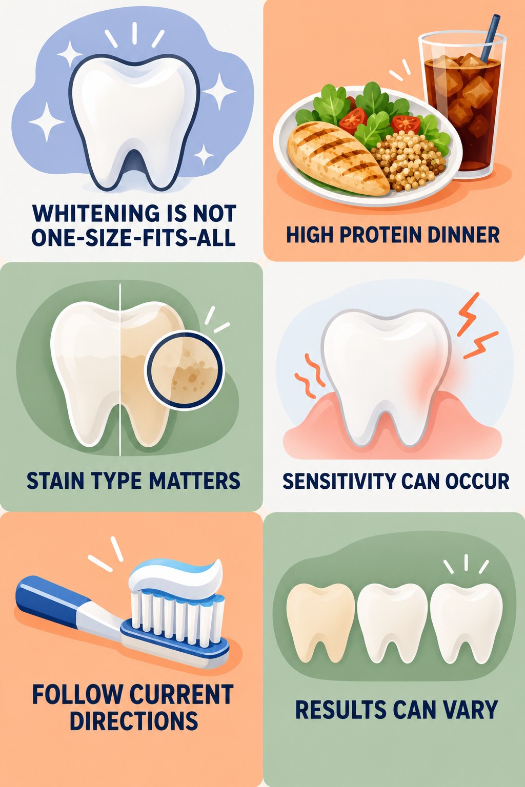 Whitening Product Expectation Check infographic for High Protein Dinner with four concise tooth-discoloration safety points.