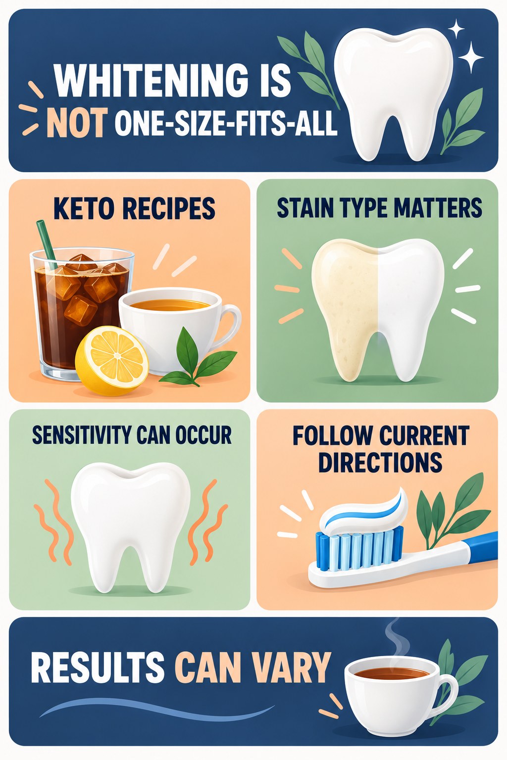 Whitening Product Expectation Check infographic for Keto Recipes with four concise tooth-discoloration safety points.
