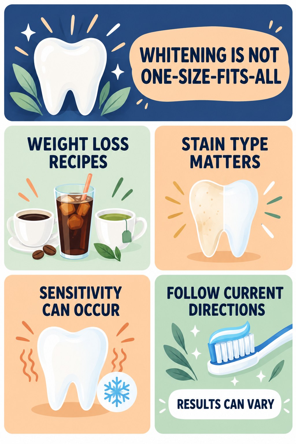 Whitening Product Expectation Check infographic for Weight Loss Recipes with four concise tooth-discoloration safety points.
