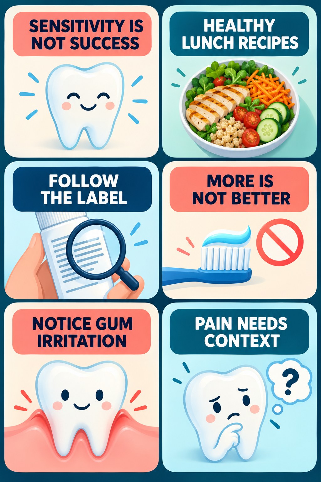 Whitening Sensitivity Is Not Proof It Works infographic for Healthy Lunch Recipes with four concise whitening-sensitivity safety points.