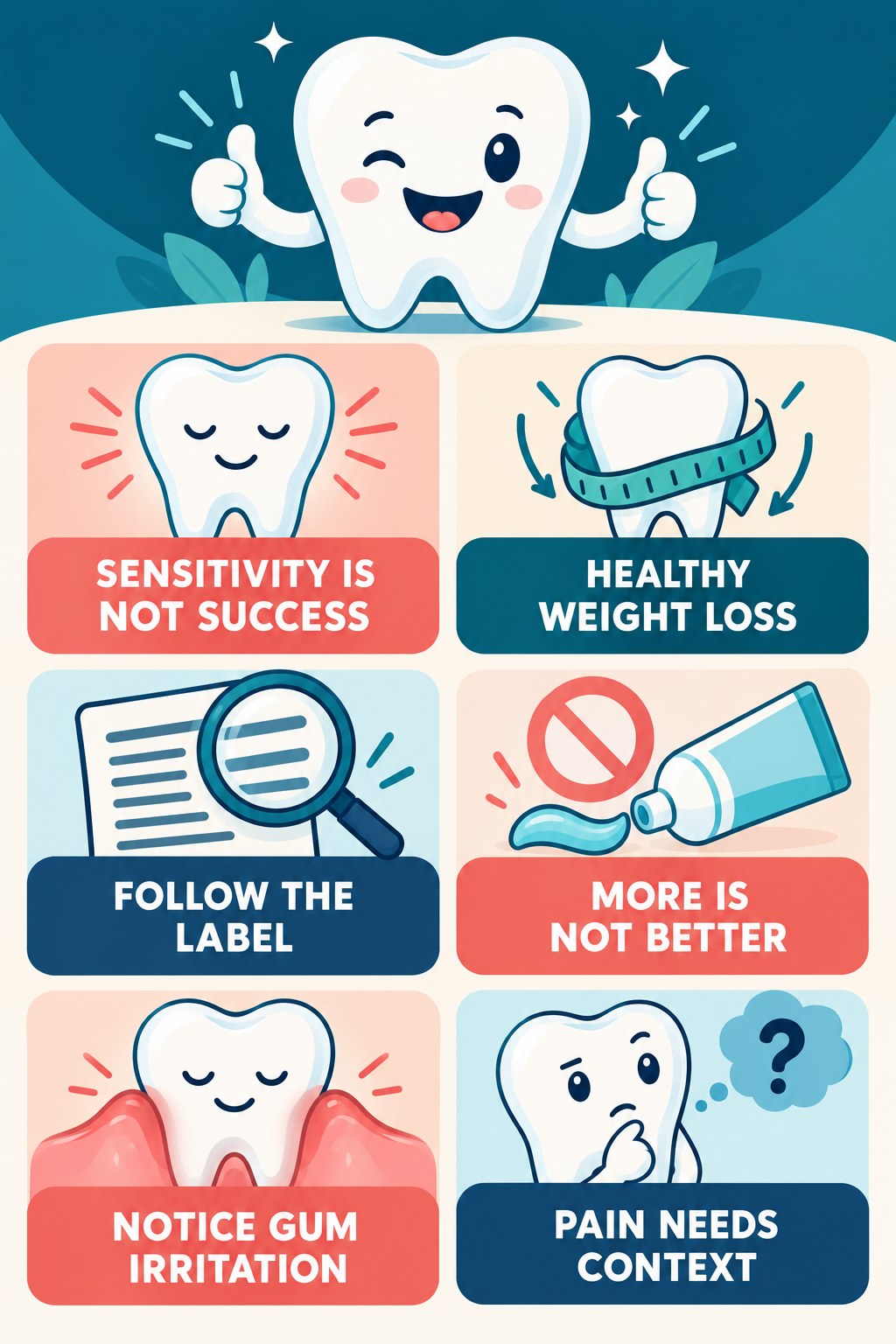 Whitening Sensitivity Is Not Proof It Works infographic for Healthy Weight Loss with four concise whitening-sensitivity safety points.