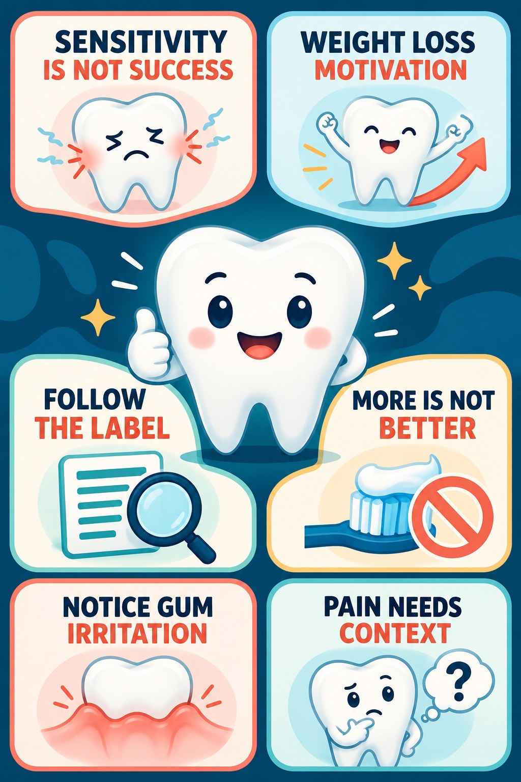 Whitening Sensitivity Is Not Proof It Works infographic for Weight Loss Motivation with four concise whitening-sensitivity safety points.