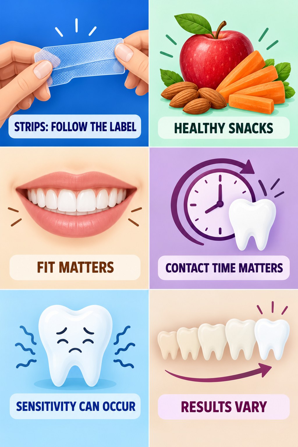 Whitening Strips With Realistic Expectations infographic for Healthy Snacks with four concise whitening-sensitivity safety points.