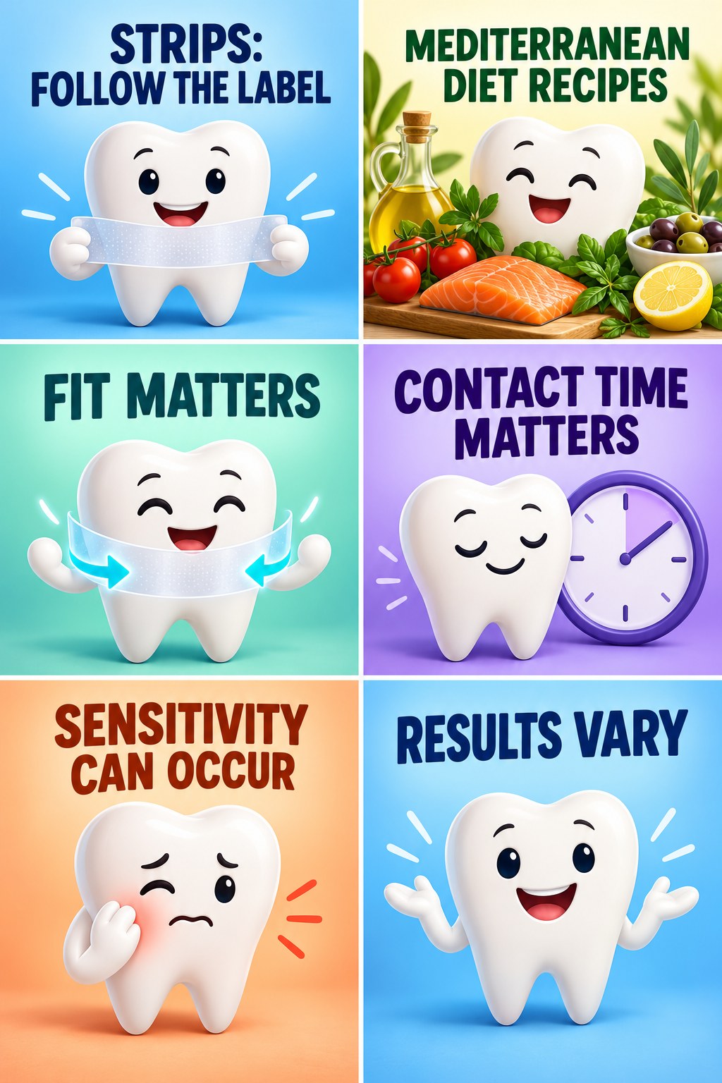 Whitening Strips With Realistic Expectations infographic for Mediterranean Diet Recipes with four concise whitening-sensitivity safety points.