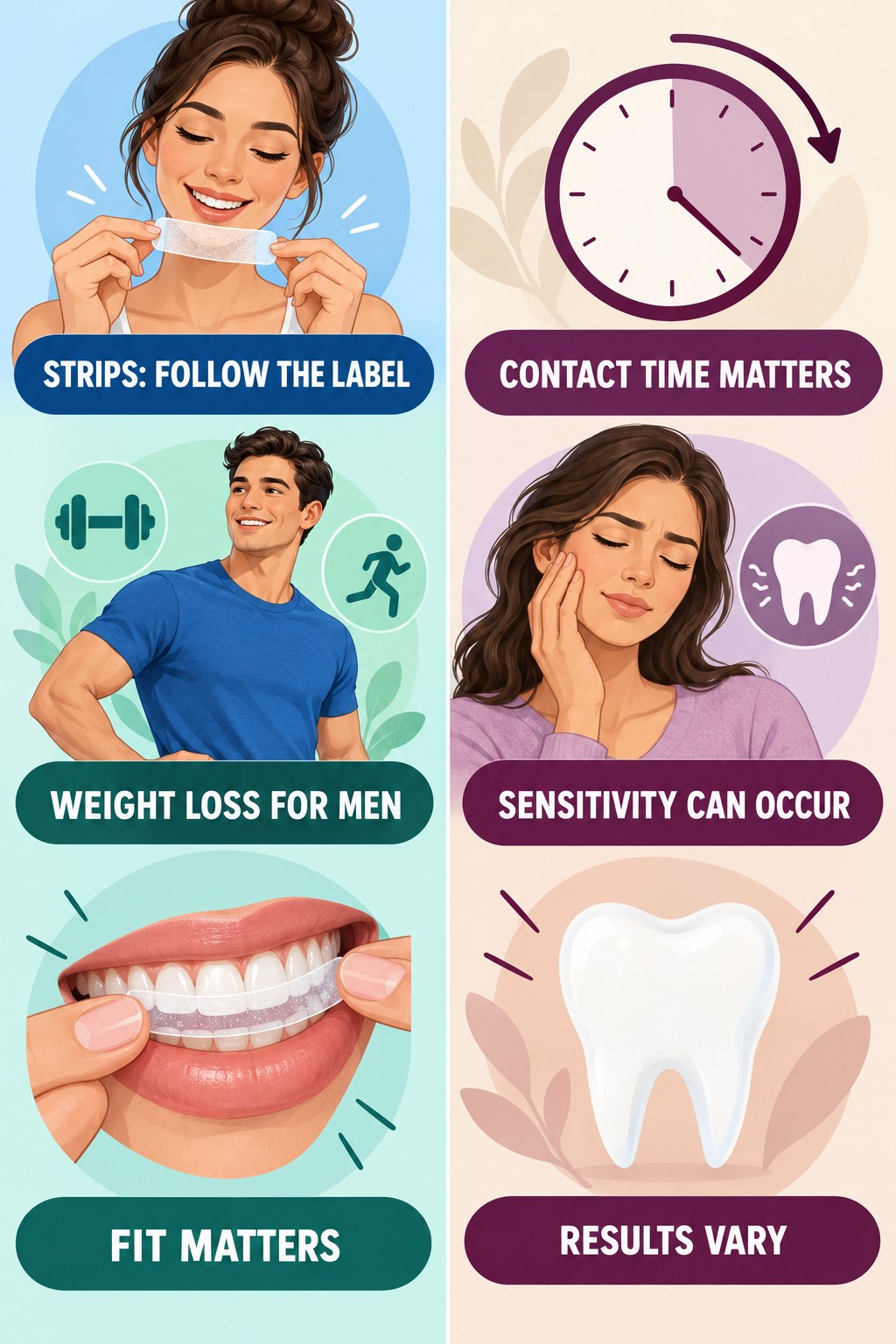 Whitening Strips With Realistic Expectations infographic for Weight Loss for Men with four concise whitening-sensitivity safety points.