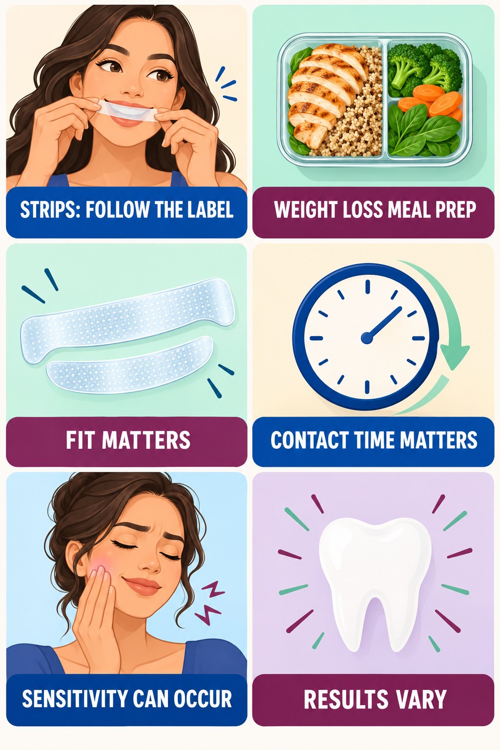Whitening Strips With Realistic Expectations infographic for Weight Loss Meal Prep with four concise whitening-sensitivity safety points.