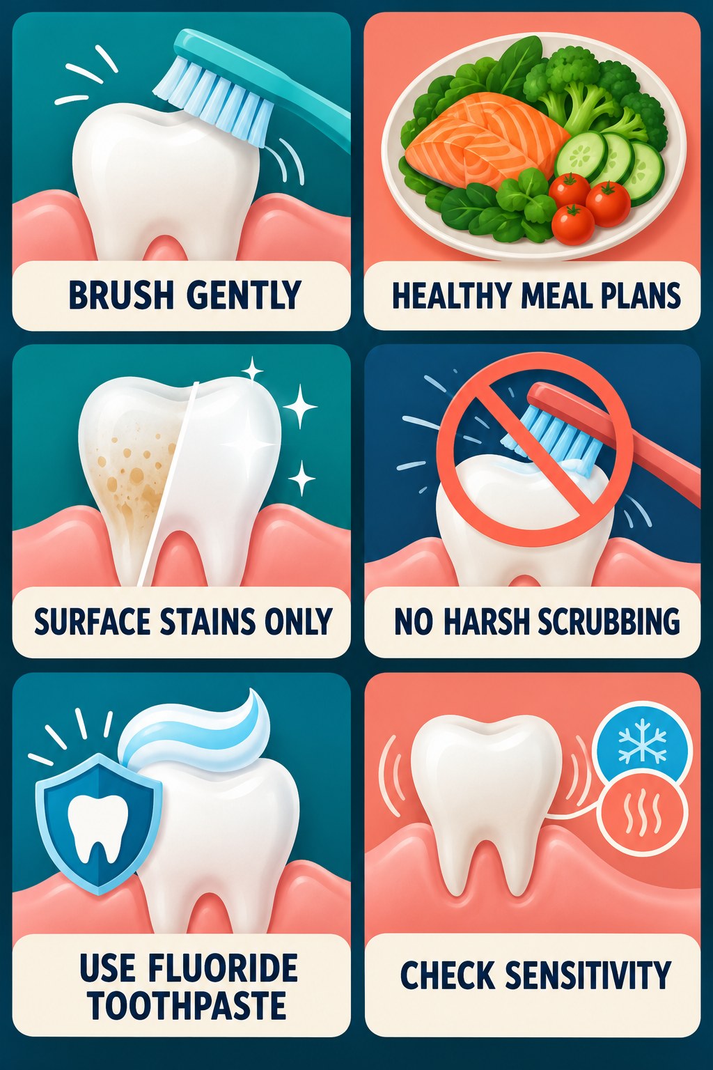 Whitening Toothpaste and Gentle Brushing infographic for Healthy Meal Plans with four concise whitening-sensitivity safety points.