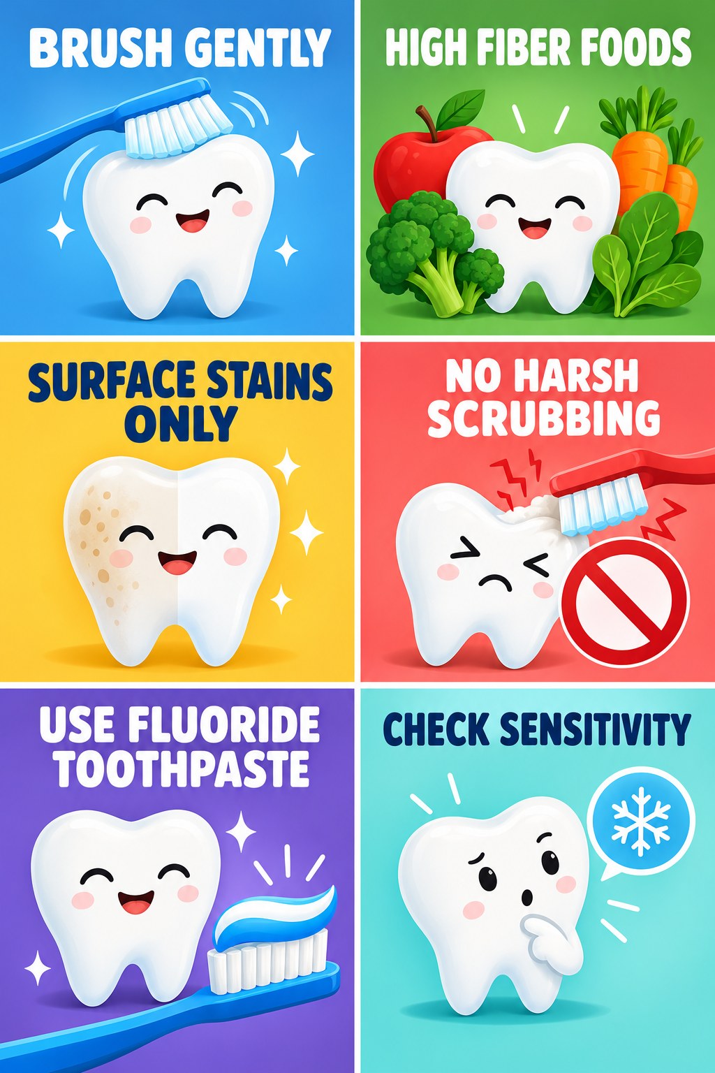 Whitening Toothpaste and Gentle Brushing infographic for High Fiber Foods with four concise whitening-sensitivity safety points.
