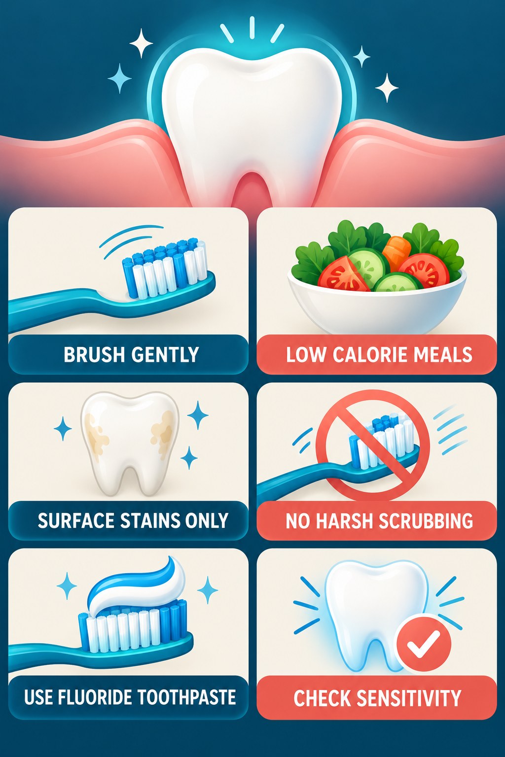 Whitening Toothpaste and Gentle Brushing infographic for Low Calorie Meals with four concise whitening-sensitivity safety points.