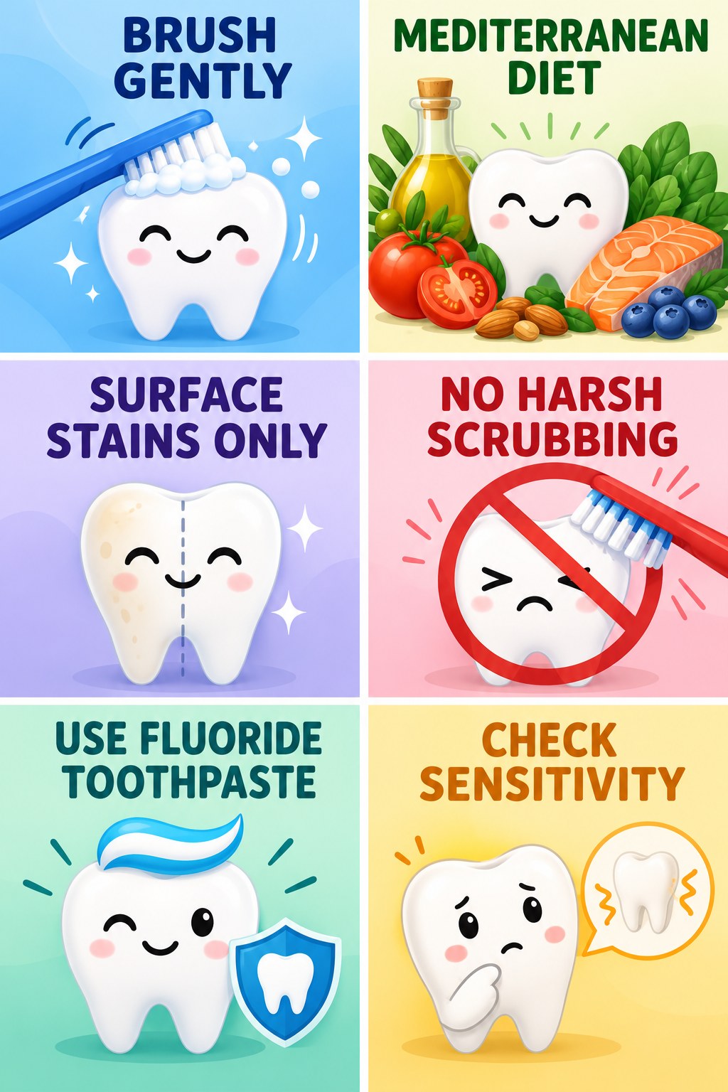 Whitening Toothpaste and Gentle Brushing infographic for Mediterranean Diet with four concise whitening-sensitivity safety points.