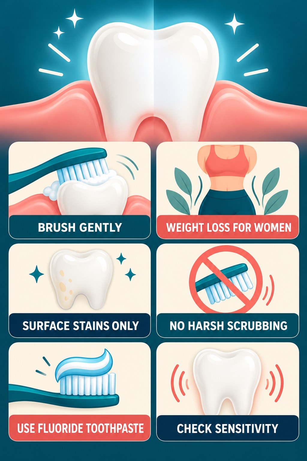 Whitening Toothpaste and Gentle Brushing infographic for Weight Loss for Women with four concise whitening-sensitivity safety points.