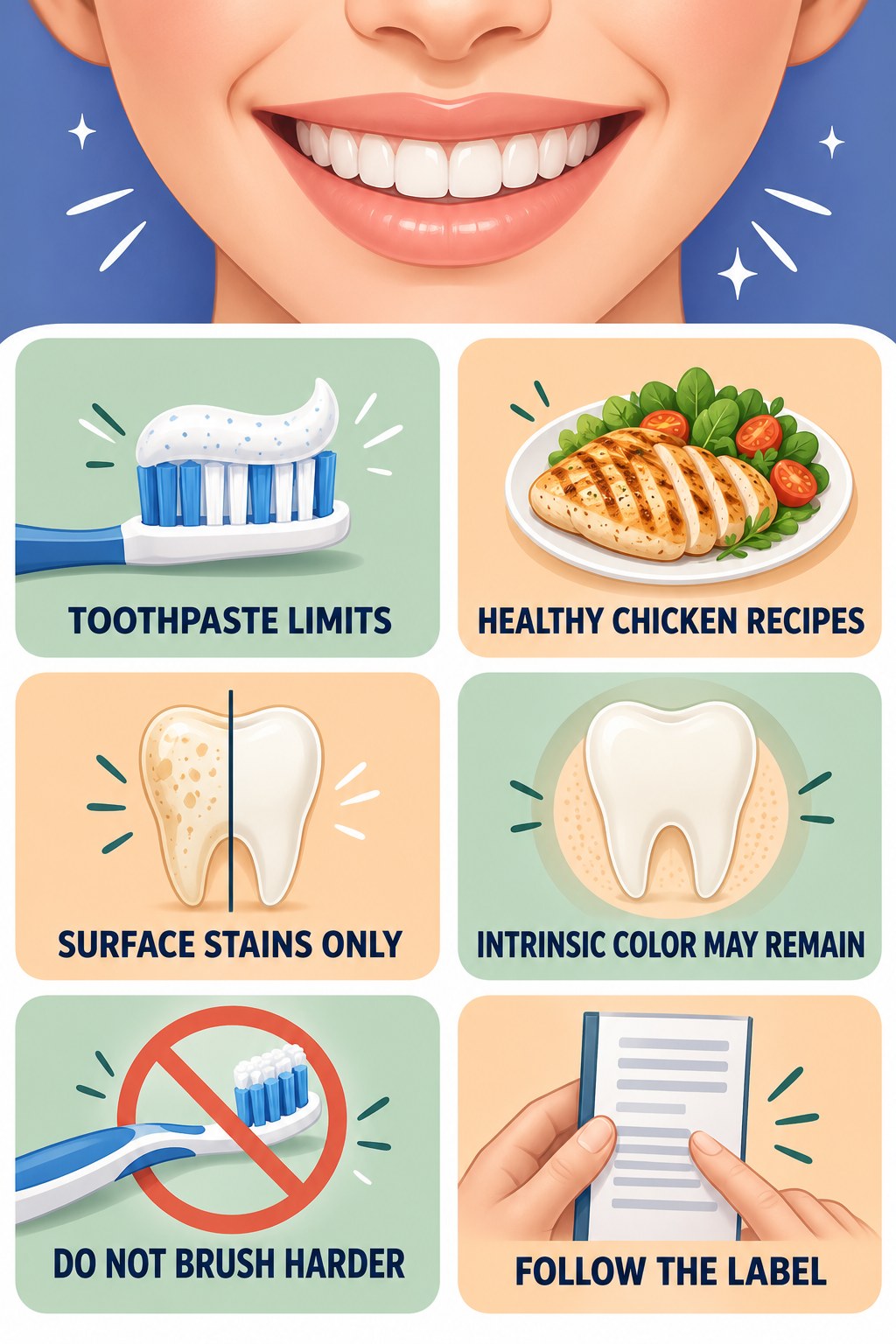 Whitening Toothpaste Has Limits infographic for Healthy Chicken Recipes with four concise tooth-discoloration safety points.
