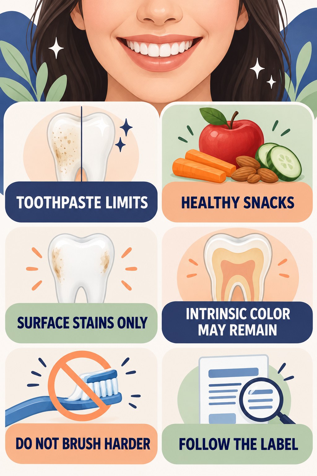 Whitening Toothpaste Has Limits infographic for Healthy Snacks with four concise tooth-discoloration safety points.