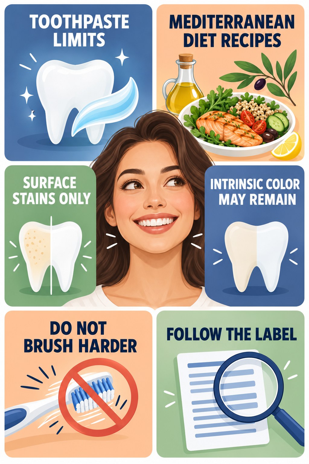 Whitening Toothpaste Has Limits infographic for Mediterranean Diet Recipes with four concise tooth-discoloration safety points.