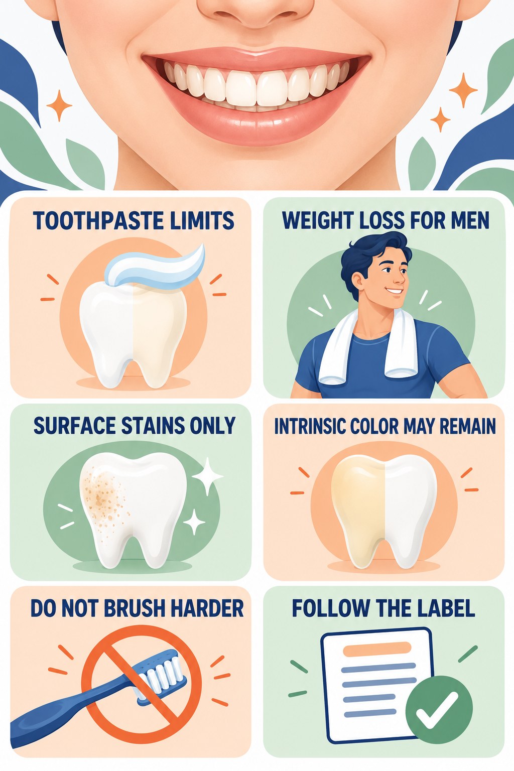 Whitening Toothpaste Has Limits infographic for Weight Loss for Men with four concise tooth-discoloration safety points.