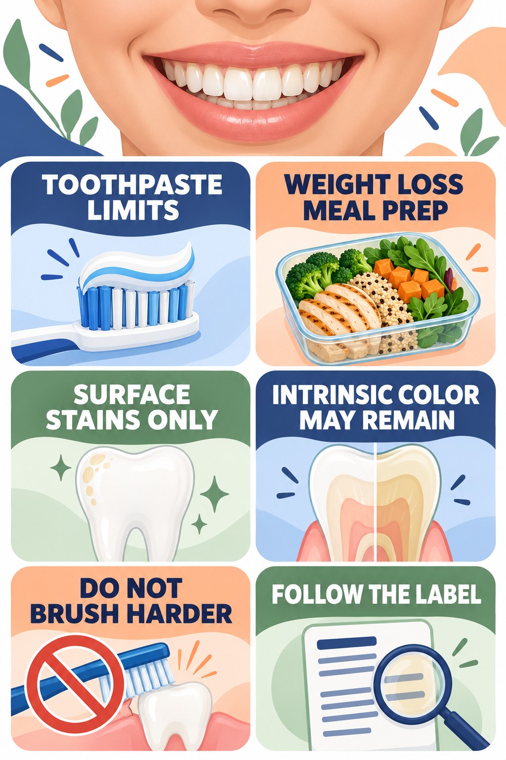 Whitening Toothpaste Has Limits infographic for Weight Loss Meal Prep with four concise tooth-discoloration safety points.