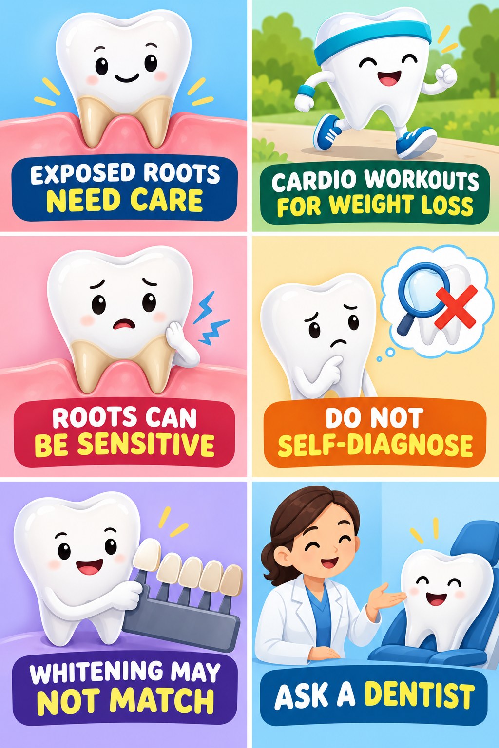 Whitening With Receding Gums or Exposed Roots infographic for Cardio Workouts for Weight Loss with four concise whitening-sensitivity safety points.
