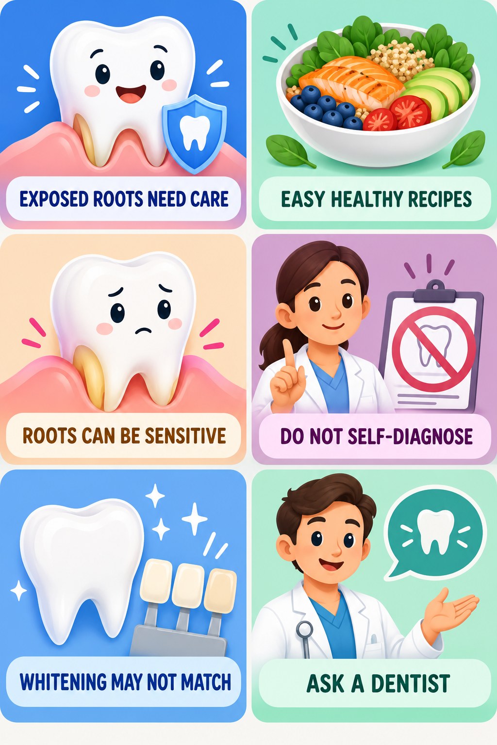 Whitening With Receding Gums or Exposed Roots infographic for Easy Healthy Recipes with four concise whitening-sensitivity safety points.