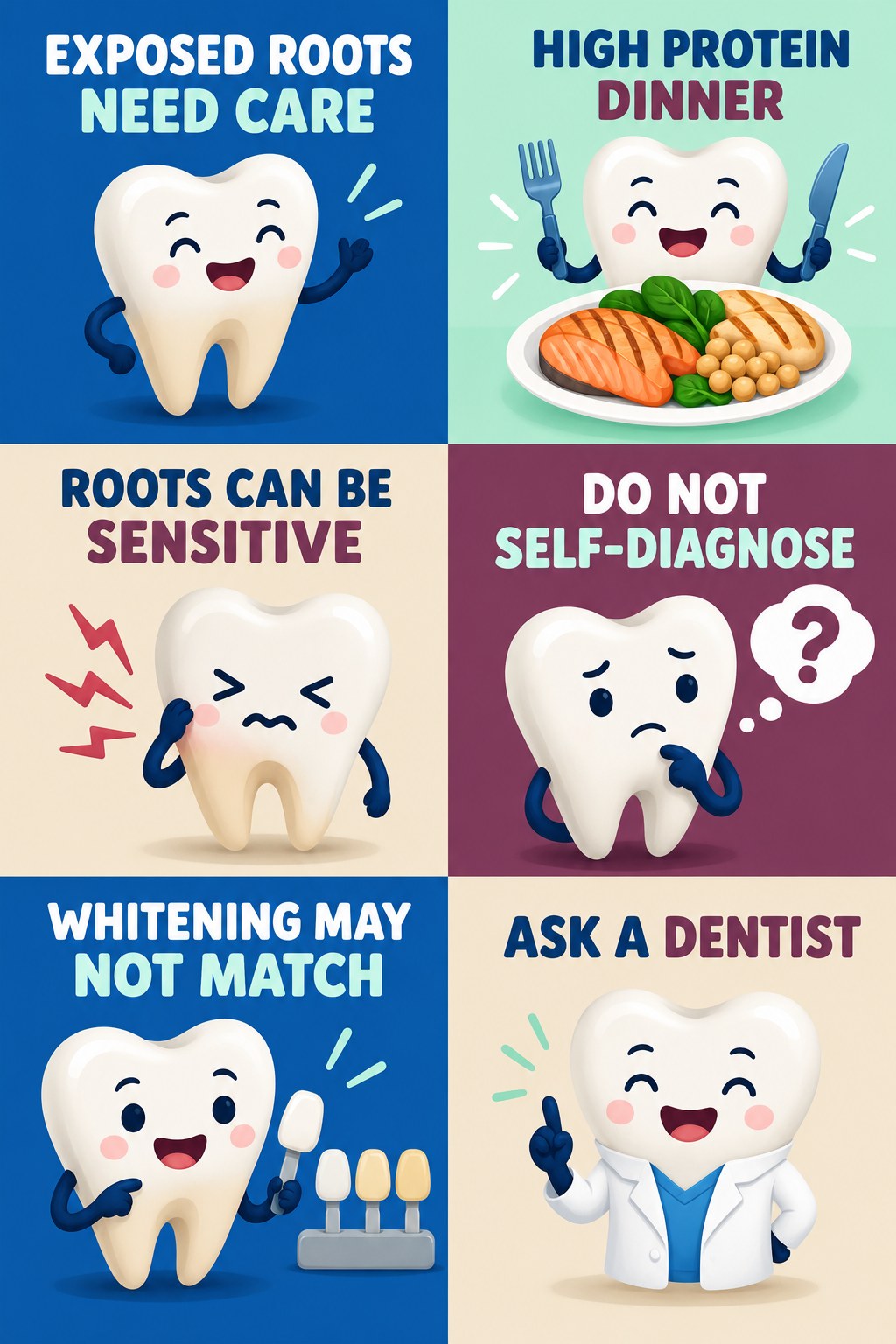 Whitening With Receding Gums or Exposed Roots infographic for High Protein Dinner with four concise whitening-sensitivity safety points.