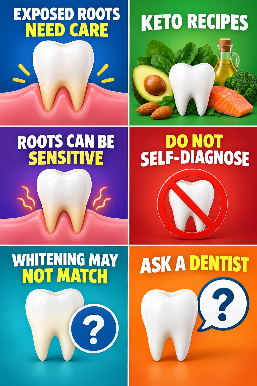 Whitening With Receding Gums or Exposed Roots infographic for Keto Recipes with four concise whitening-sensitivity safety points.