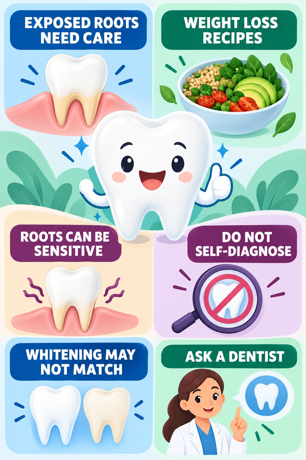 Whitening With Receding Gums or Exposed Roots infographic for Weight Loss Recipes with four concise whitening-sensitivity safety points.