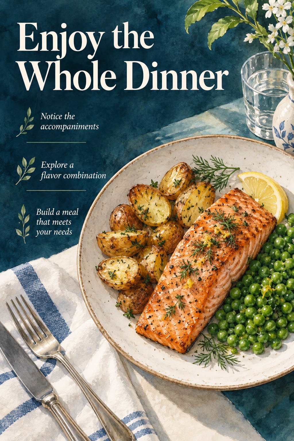 Salmon, potatoes, and peas arranged as a complete dinner beneath a headline about enjoying the whole plate.