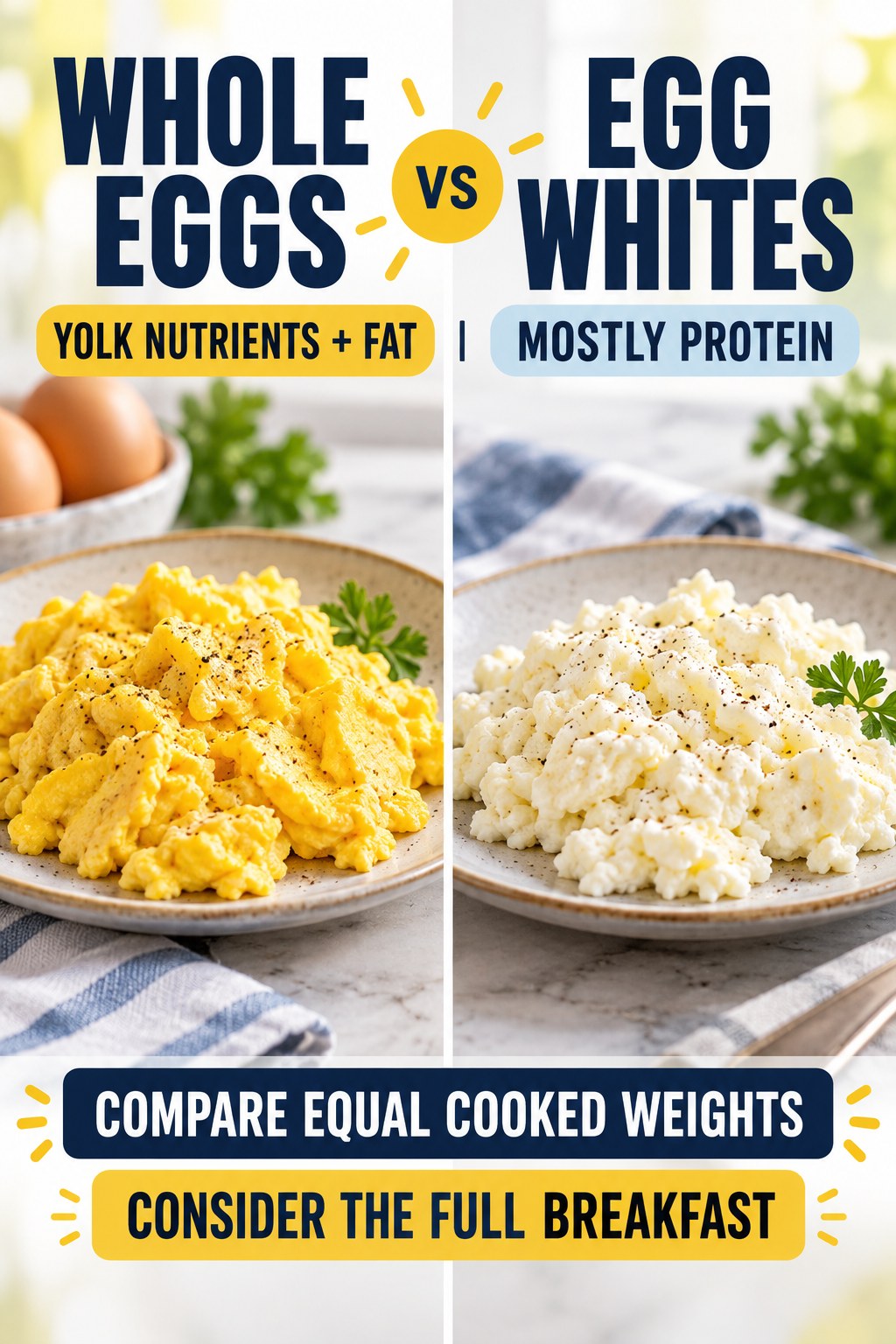 Whole eggs and egg whites in equal cooked portions, compared for protein, fat, yolk nutrients, texture, and breakfast use.
