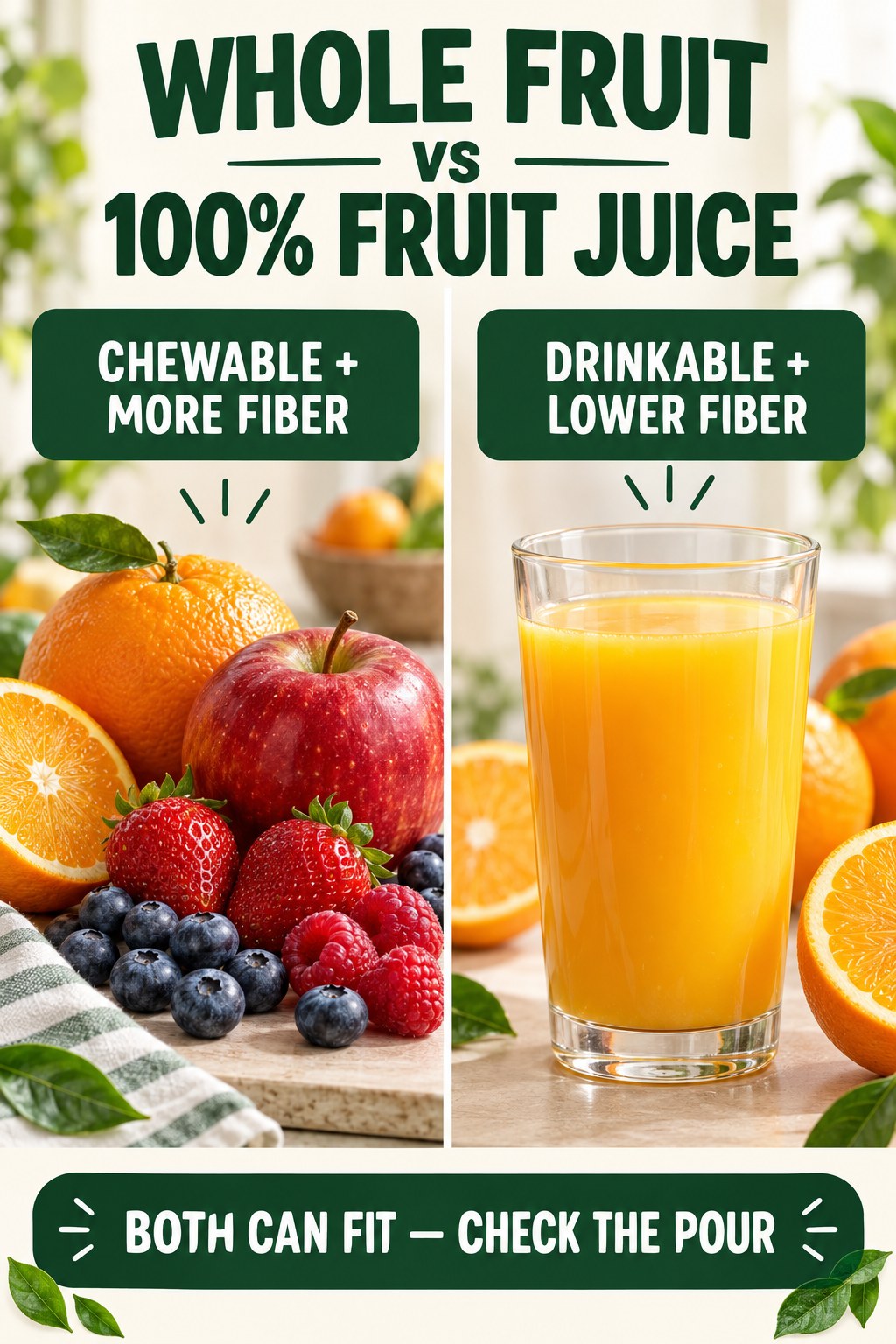 Whole fruit and 100% fruit juice compared on a one cup-equivalent basis, highlighting chewing, fiber, and portion awareness.