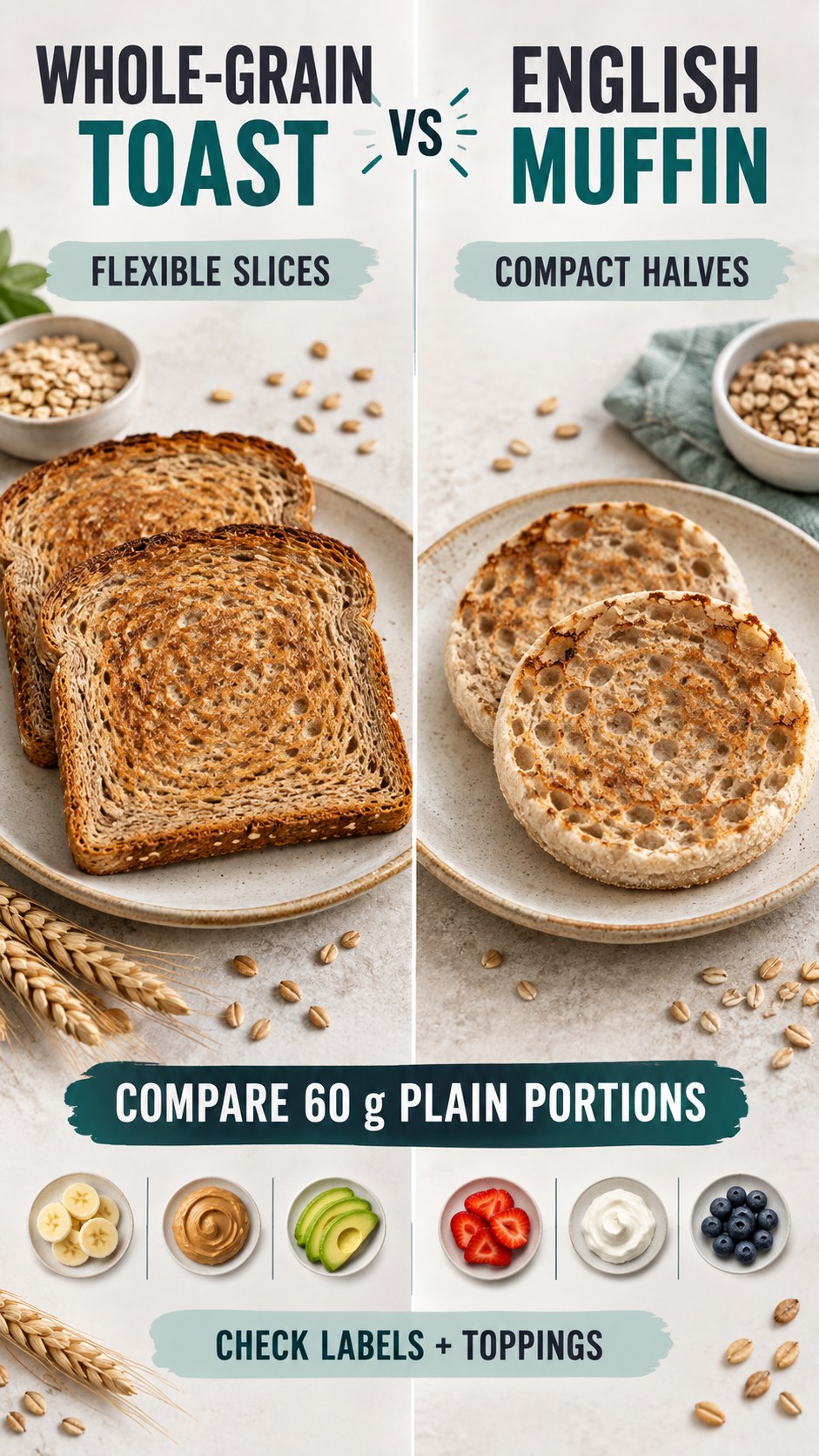 Whole-grain toast and a whole-wheat English muffin in equal 60 g portions, compared by labels, texture, and toppings.