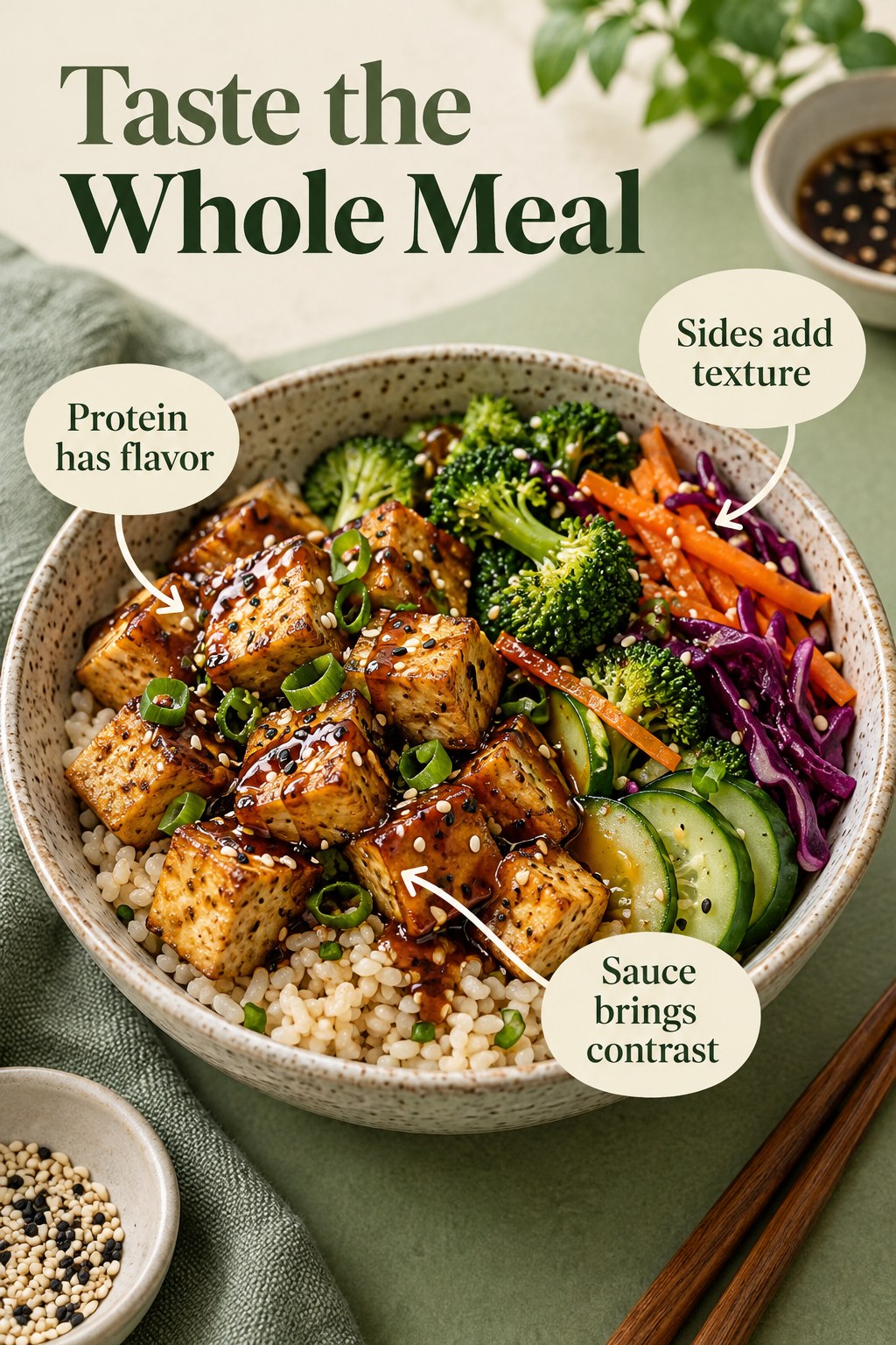 Tofu, rice, vegetables, and sauce with the headline Taste the Whole Meal and three sensory prompts.