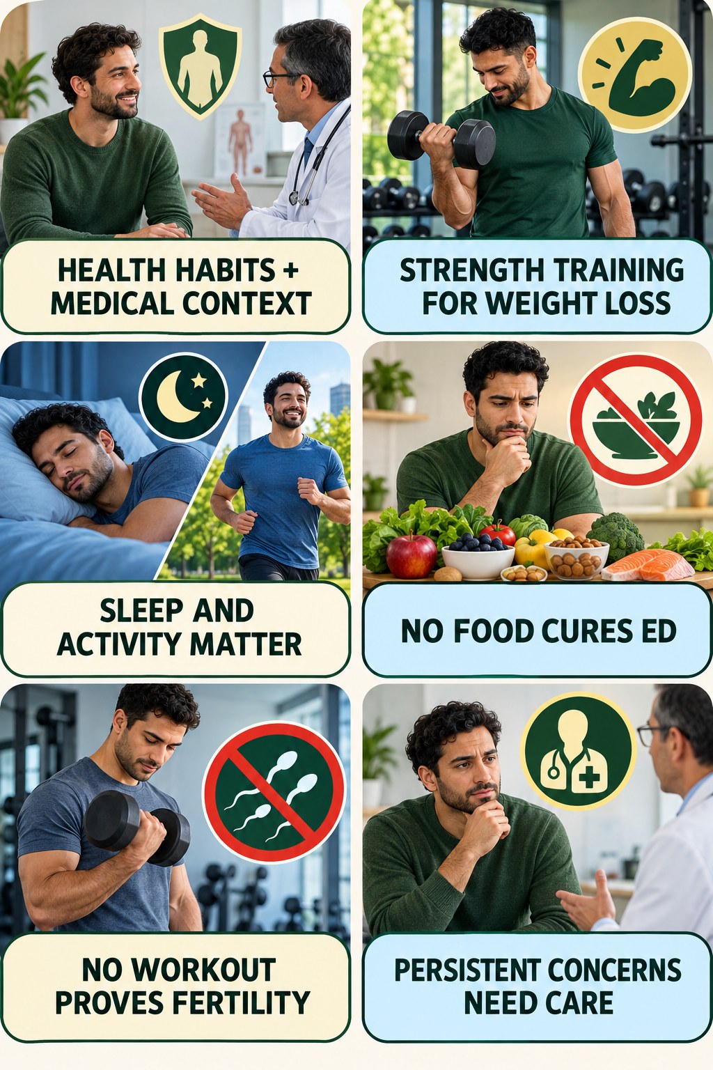 Whole-Person Health Is Not a Substitute for Evaluation infographic for Strength Training for Weight Loss with four concise, non-shaming sexual-health education points.