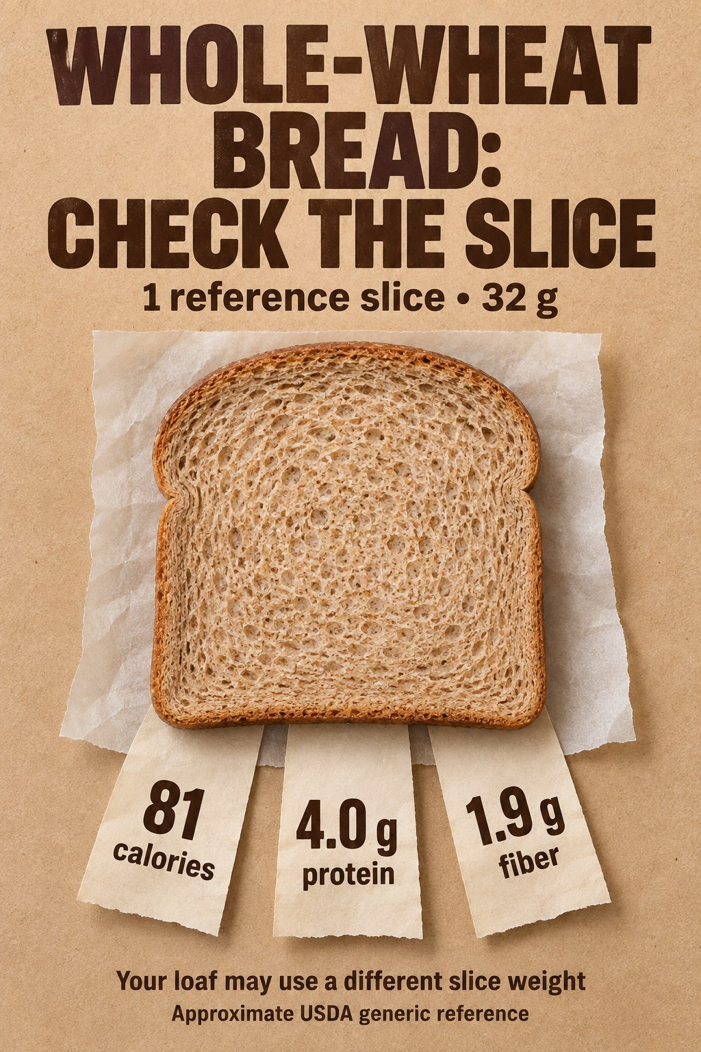 Whole-wheat bread infographic with 81 calories, 4.0 g protein, and 1.9 g fiber per generic reference slice weighing 32 g.