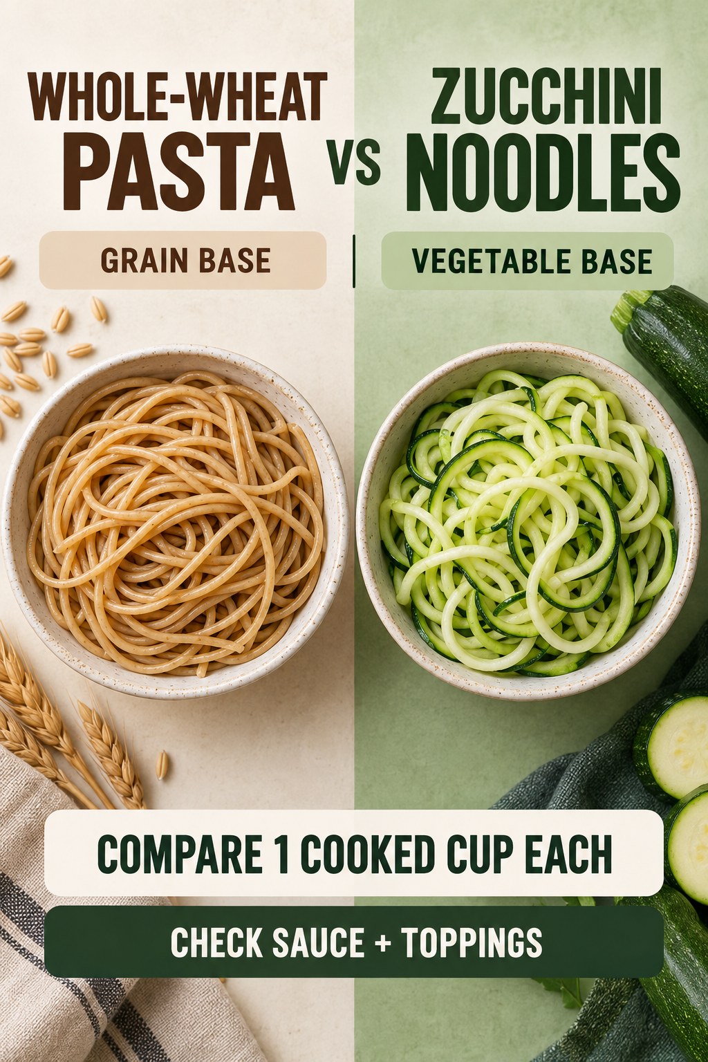 Whole-wheat pasta and zucchini noodles in equal one-cup portions, compared for food-group role, texture, and recipe use.