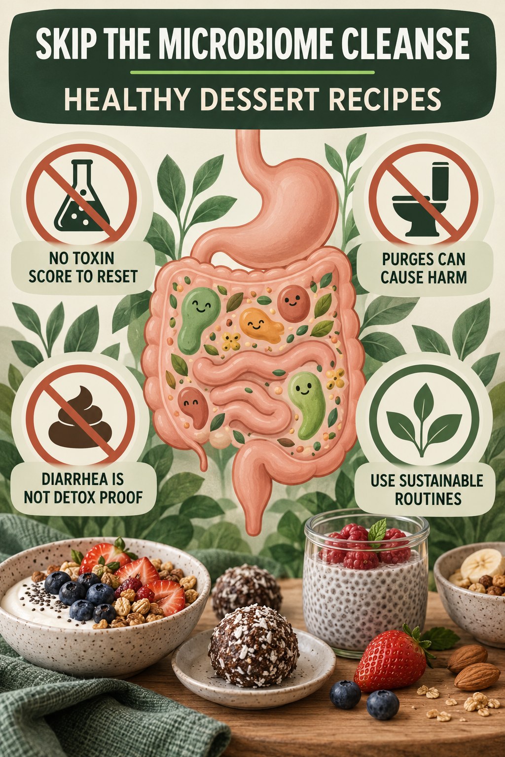 Why a Cleanse Is Not Microbiome Maintenance educational infographic for Healthy Dessert Recipes with four evidence-aware points.