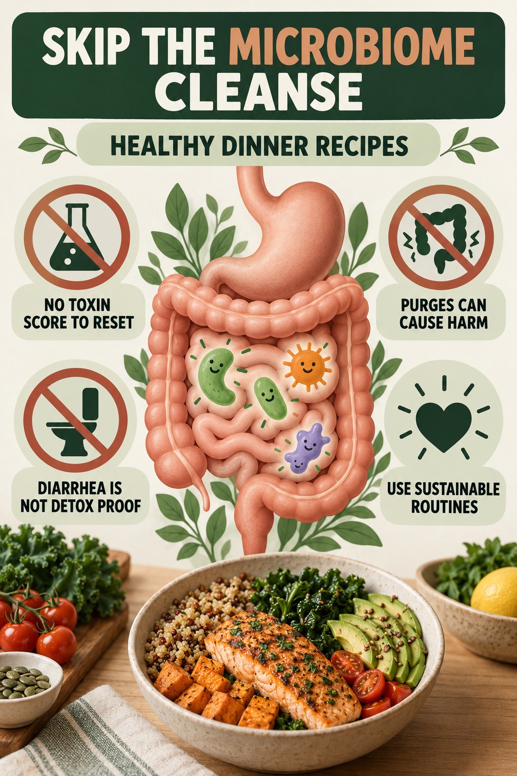 Why a Cleanse Is Not Microbiome Maintenance educational infographic for Healthy Dinner Recipes with four evidence-aware points.