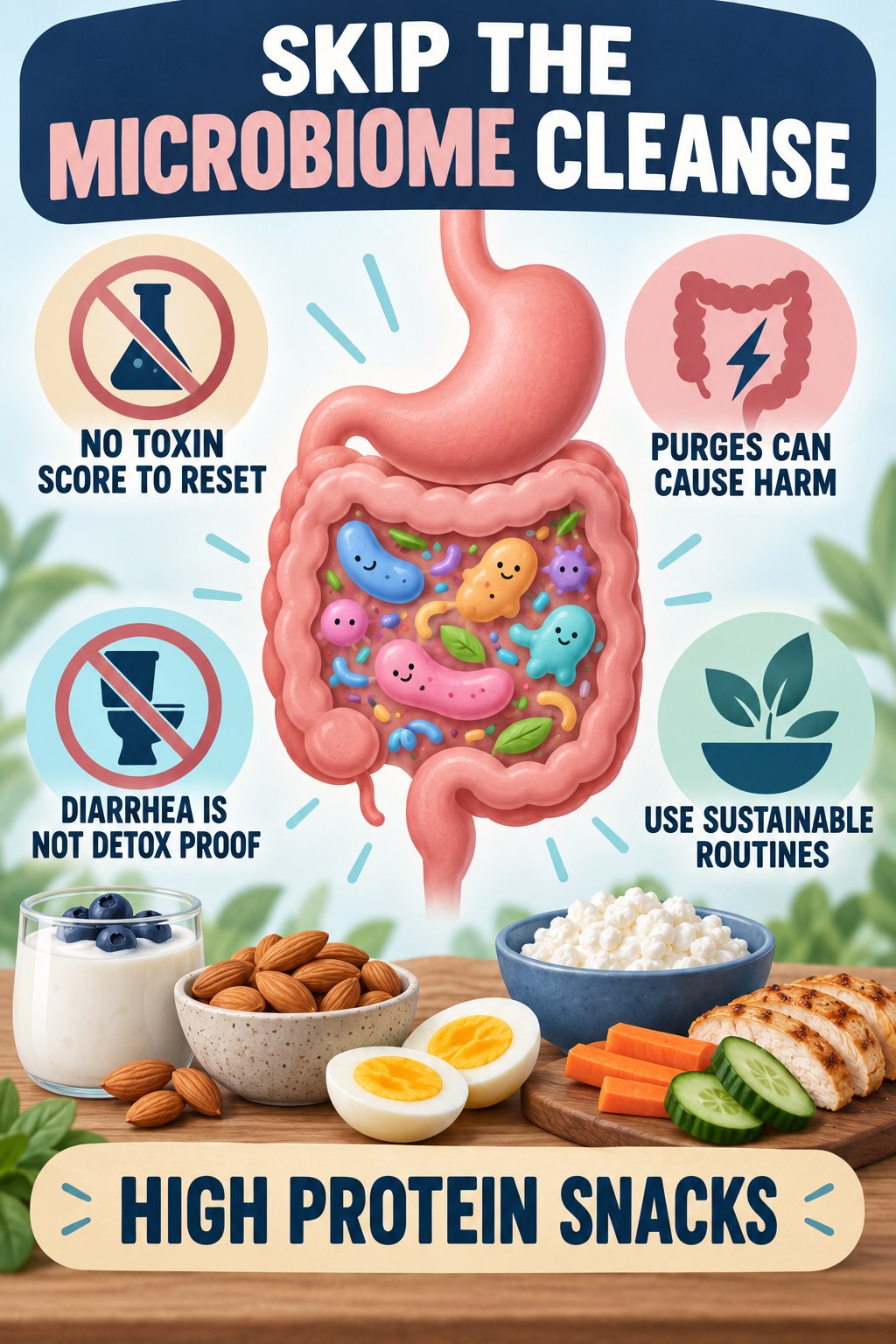 Why a Cleanse Is Not Microbiome Maintenance educational infographic for High Protein Snacks with four evidence-aware points.