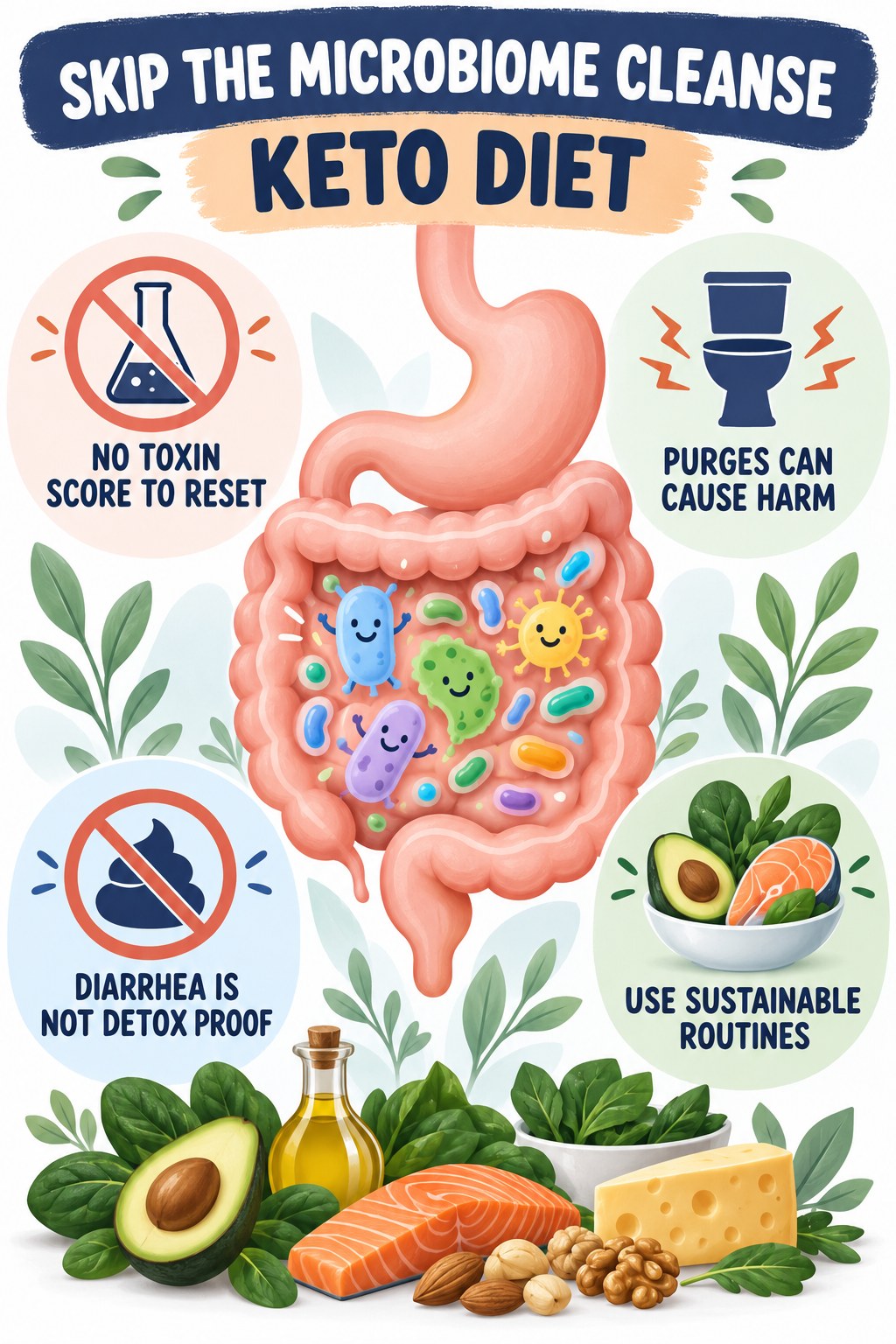 Why a Cleanse Is Not Microbiome Maintenance educational infographic for Keto Diet with four evidence-aware points.