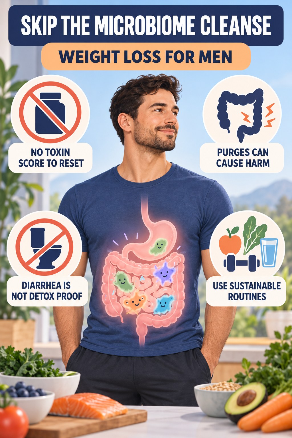 Why a Cleanse Is Not Microbiome Maintenance educational infographic for Weight Loss for Men with four evidence-aware points.