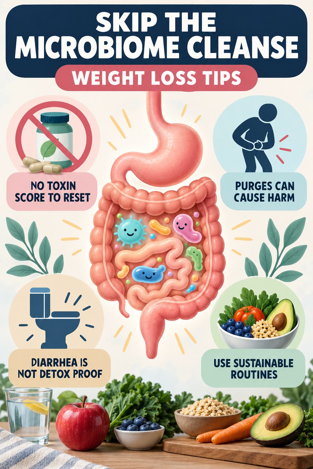 Why a Cleanse Is Not Microbiome Maintenance educational infographic for Weight Loss Tips with four evidence-aware points.