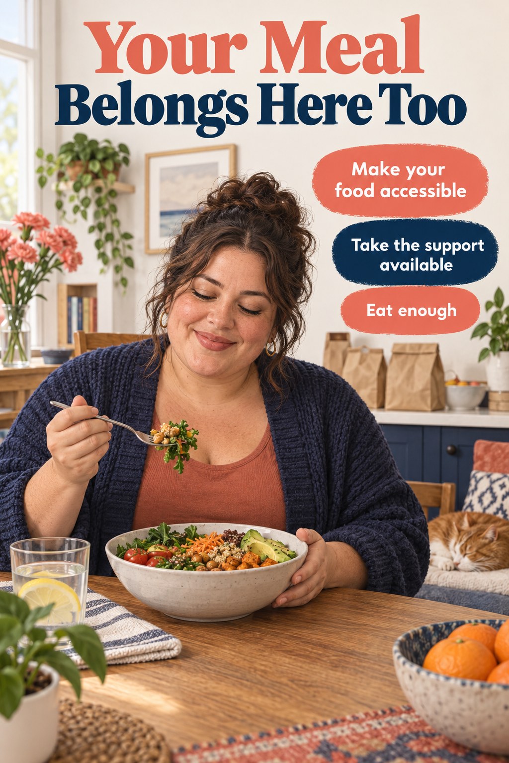 A woman seated with her own lunch at a shared home table under the words Your Meal Belongs Here Too.