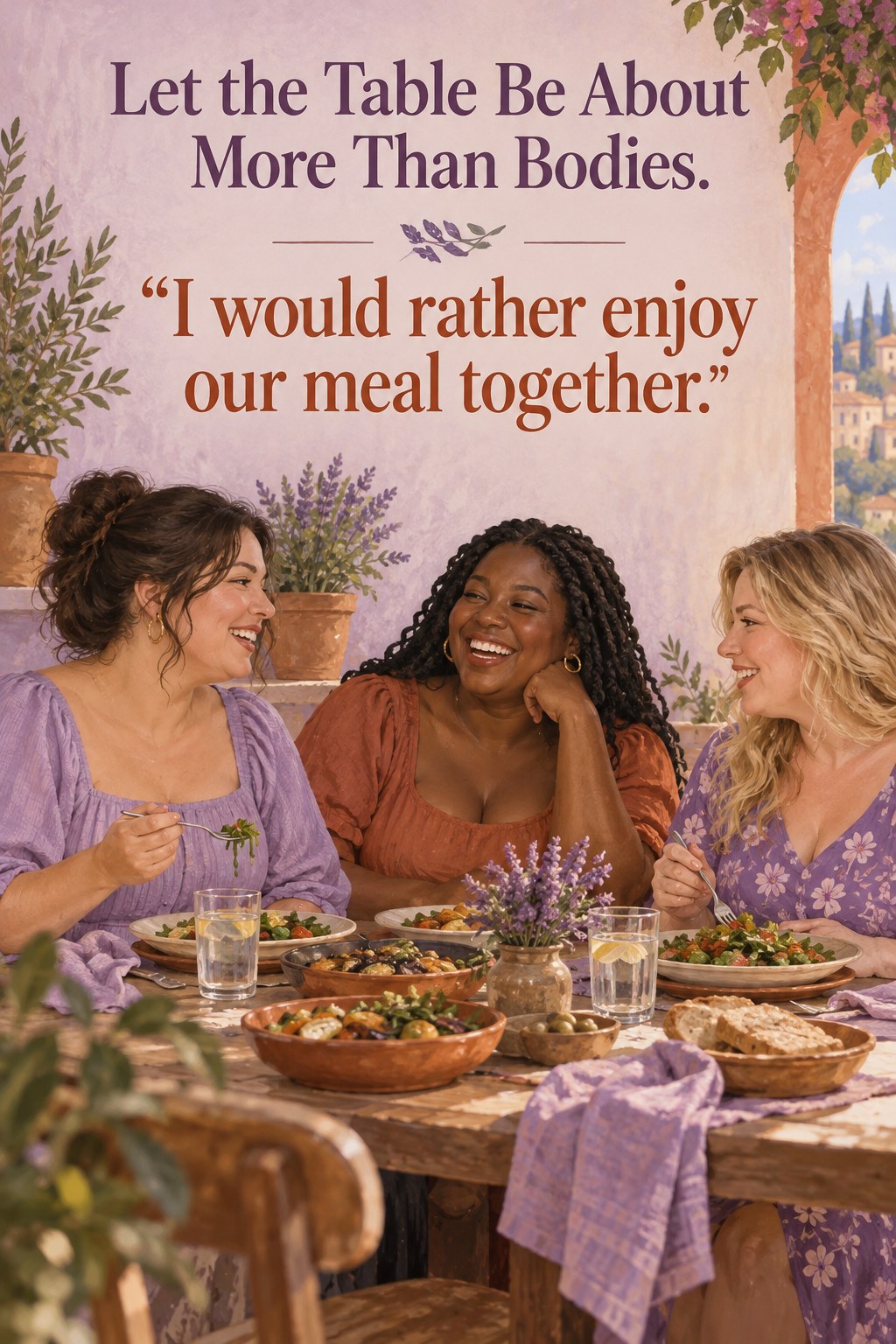 Friends sharing lunch with the headline Let the Table Be About More Than Bodies.