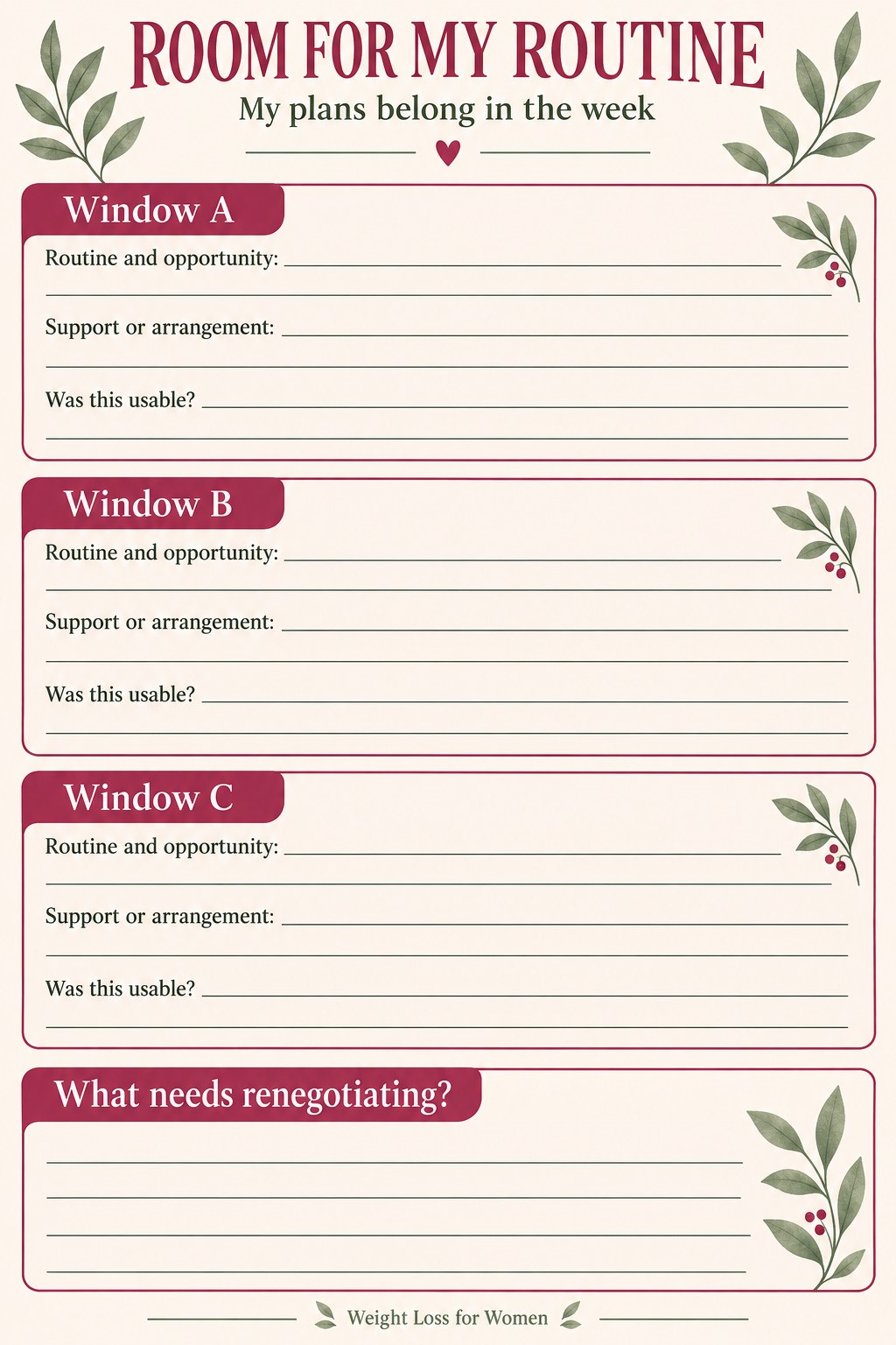 Blank personal routine tracker with three time-window cards and support fields