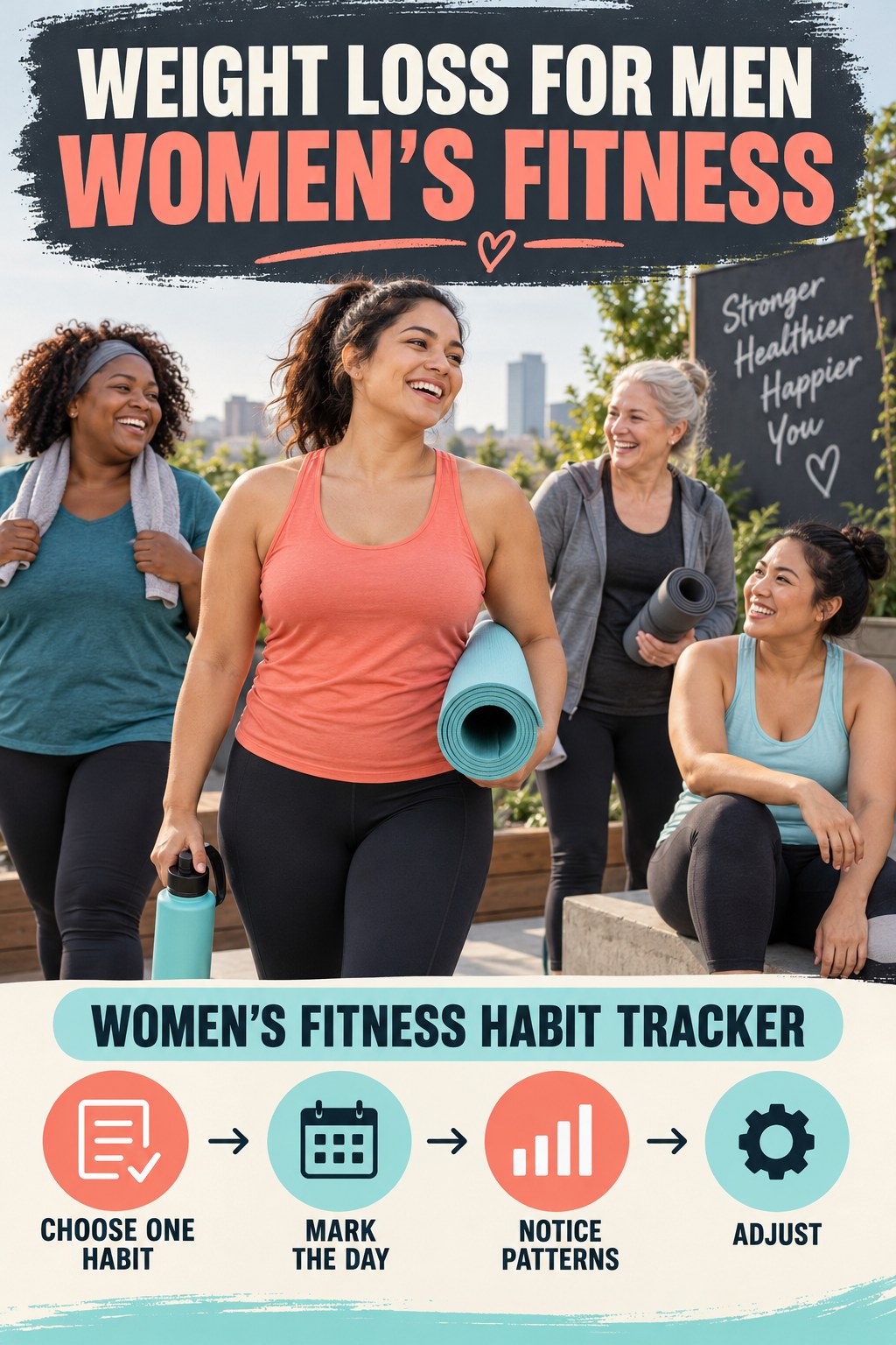 Weight Loss for Men women’s fitness graphic titled Women’s Fitness Habit Tracker with four practical training prompts.