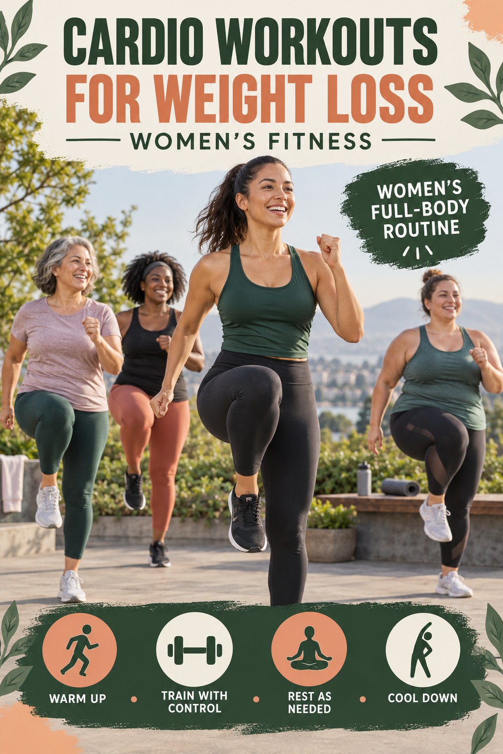 Cardio Workouts for Weight Loss women’s fitness graphic titled Women’s Full-Body Routine with four practical training prompts.