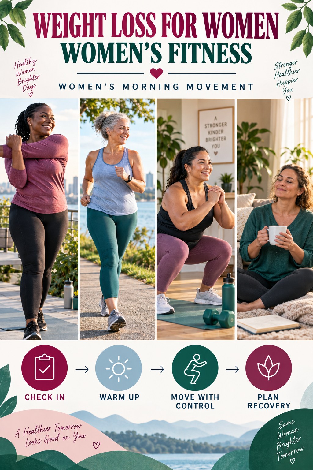 Weight Loss for Women women’s fitness graphic titled Women’s Morning Movement with four practical training prompts.