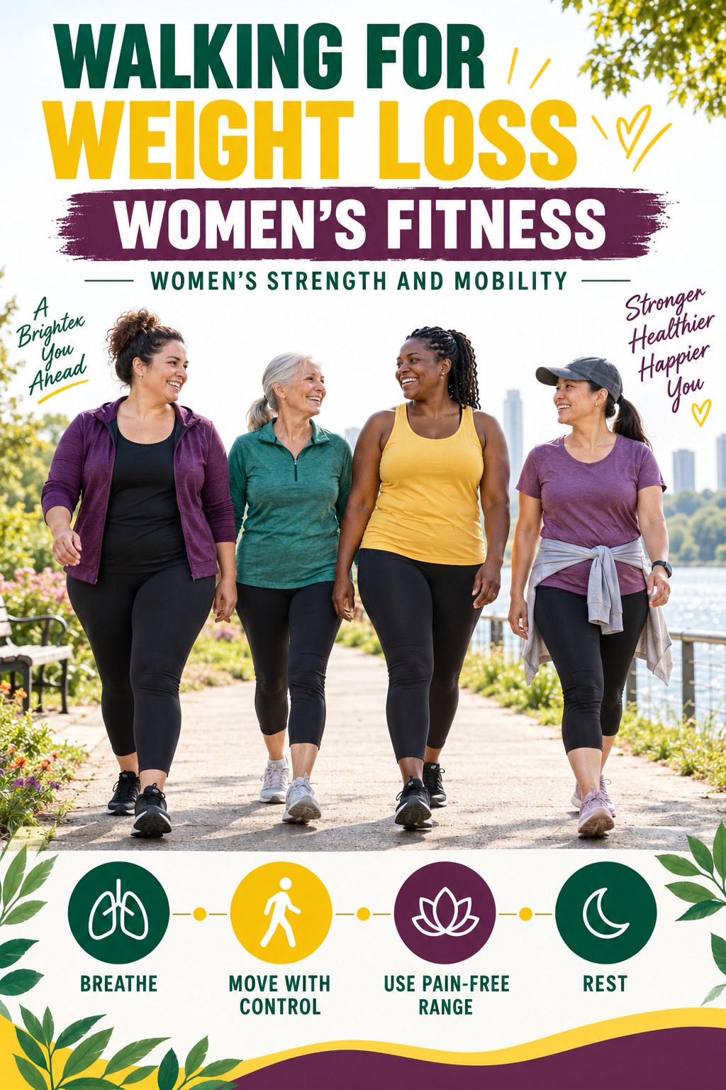 Walking for Weight Loss women’s fitness graphic titled Women’s Strength and Mobility with four practical training prompts.