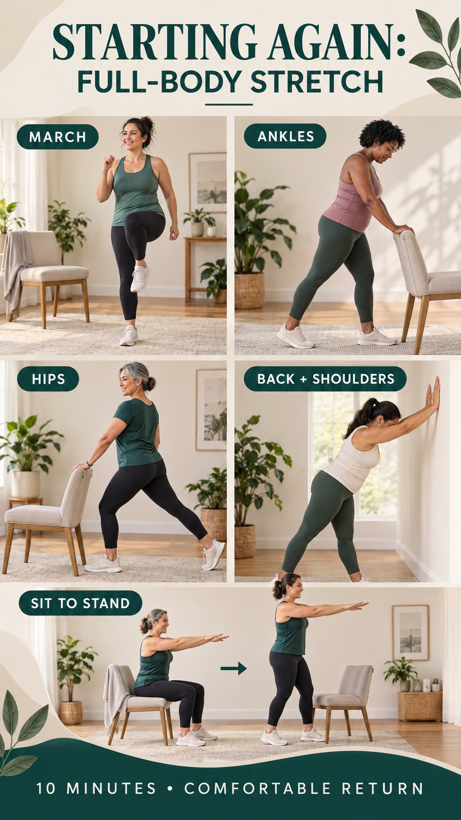 Vertical infographic showing a beginner-friendly full-body stretching routine for women returning to exercise